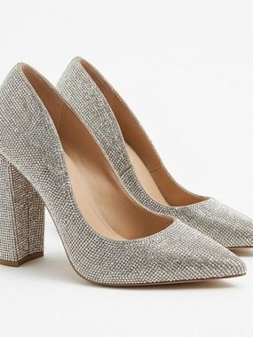 Steve Madden Rhinestone Pointed Toe Pumps Block Heel Silver Size 9